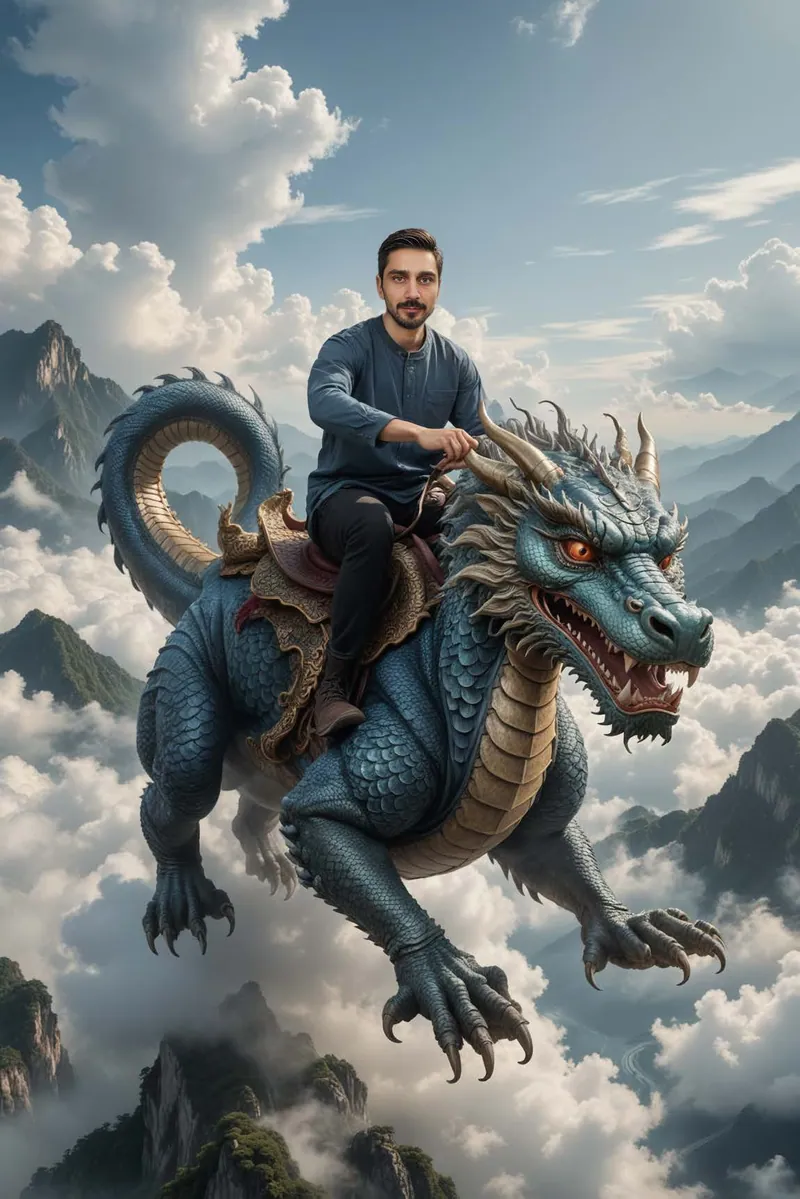 Scenă Face Swap: personaj călare pe un dragon albastru, deasupra norilor